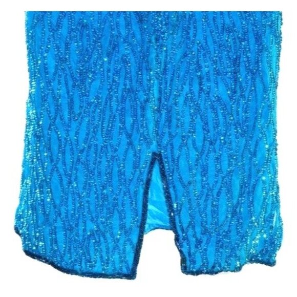 Vintage 80s Laurence Kazar Teal Beaded Sequin Silk Mini Cocktail Dress M - Picture 9 of 10